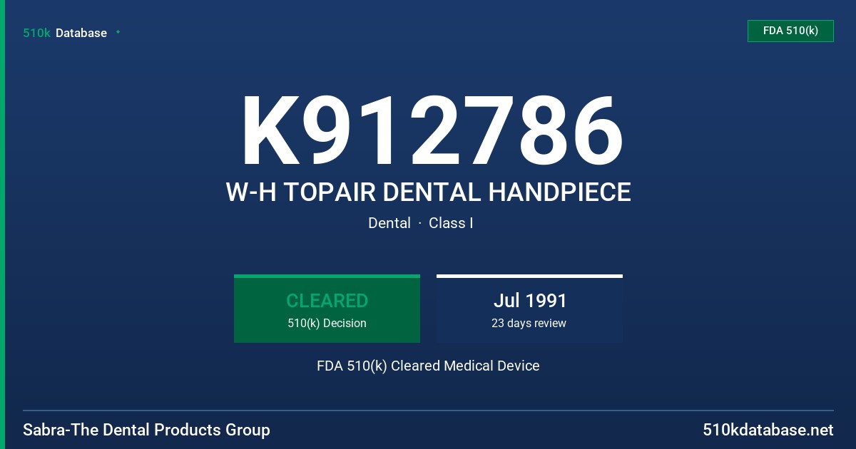K912786 W-H TOPAIR DENTAL HANDPIECE FDA 510(k) Cleared Medical Device