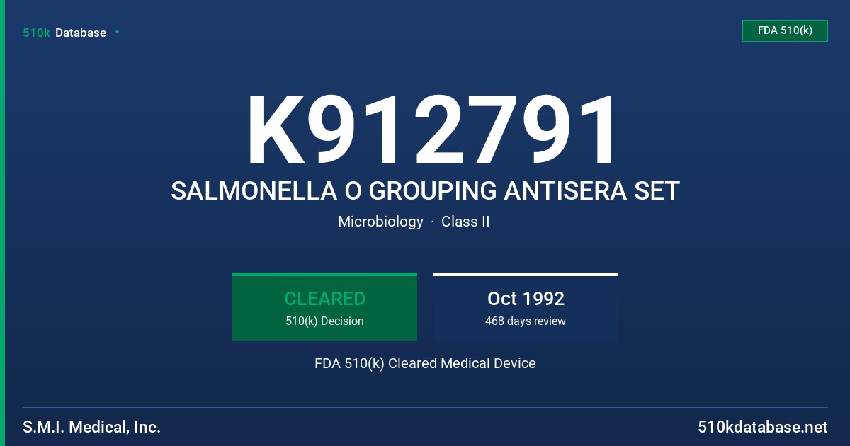 K912791 SALMONELLA O GROUPING ANTISERA SET FDA 510(k) Cleared Medical Device