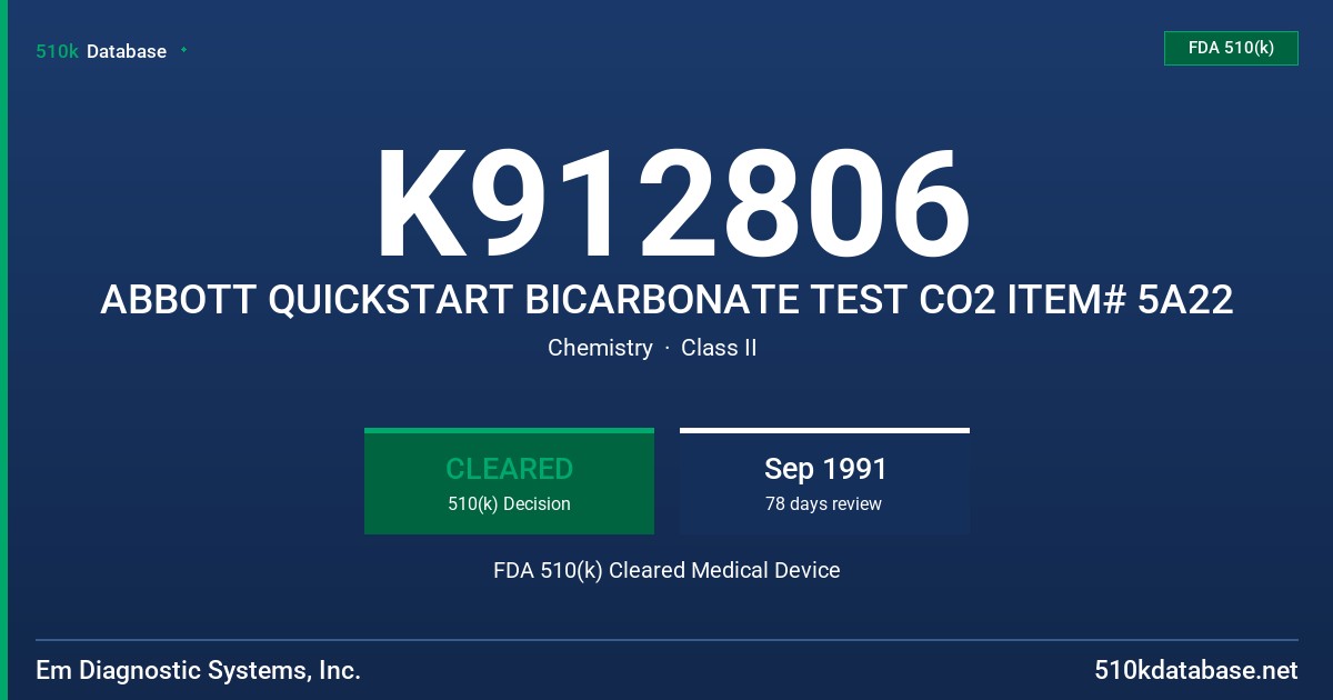 K912806 ABBOTT QUICKSTART BICARBONATE TEST CO2 ITEM# 5A22 FDA 510(k) Cleared Medical Device