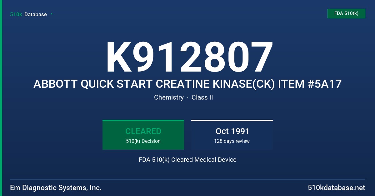 K912807 ABBOTT QUICK START CREATINE KINASE(CK) ITEM #5A17 FDA 510(k) Cleared Medical Device