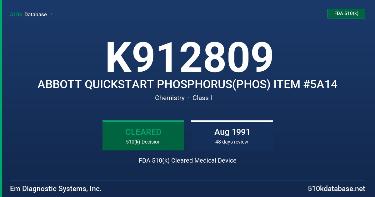 K912809 ABBOTT QUICKSTART PHOSPHORUS(PHOS) ITEM #5A14 FDA 510(k) Cleared Medical Device