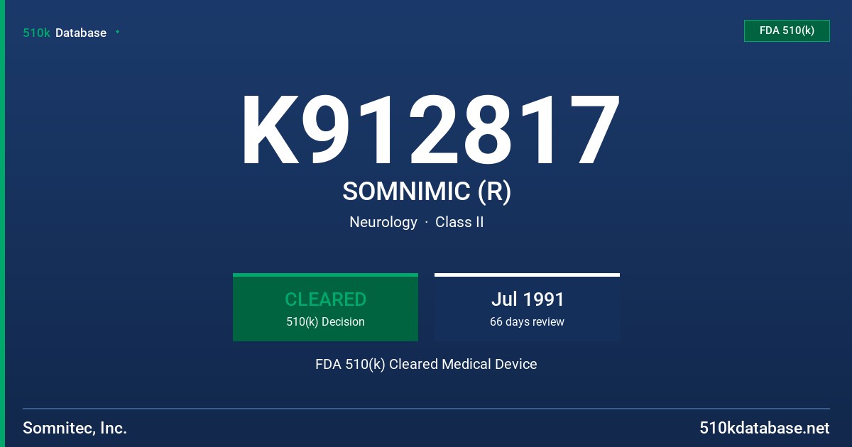 K912817 SOMNIMIC (R) FDA 510(k) Cleared Medical Device