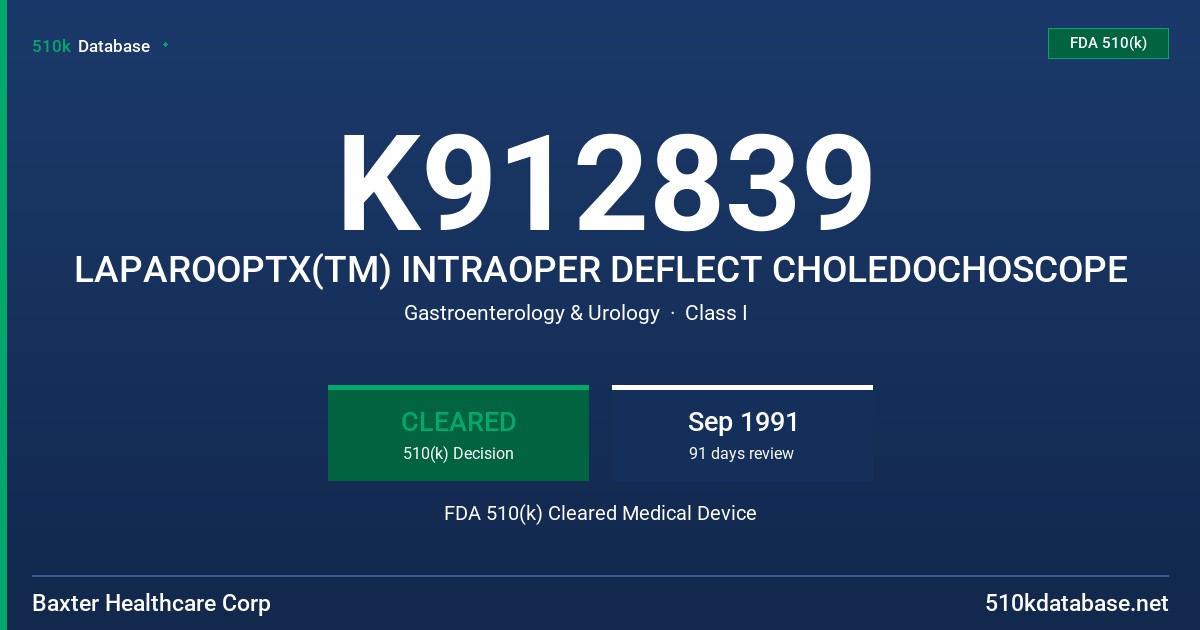 K912839 LAPAROOPTX(TM) INTRAOPER DEFLECT CHOLEDOCHOSCOPE FDA 510(k) Cleared Medical Device