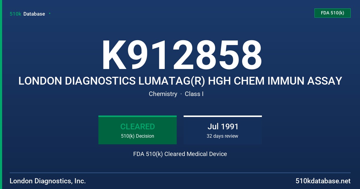 K912858 LONDON DIAGNOSTICS LUMATAG(R) HGH CHEM IMMUN ASSAY FDA 510(k) Cleared Medical Device