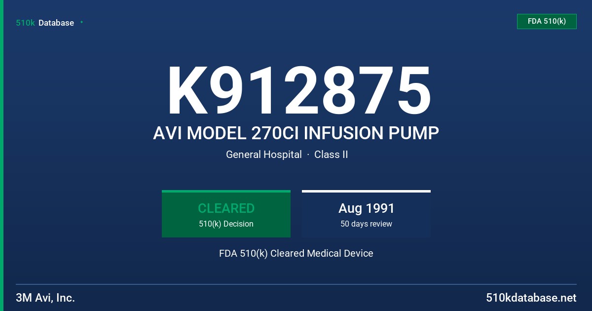 K912875 AVI MODEL 270CI INFUSION PUMP FDA 510(k) Cleared Medical Device