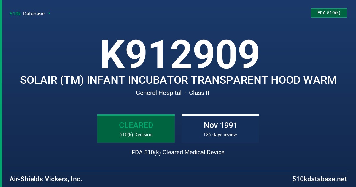 K912909 SOLAIR (TM) INFANT INCUBATOR TRANSPARENT HOOD WARM FDA 510(k) Cleared Medical Device