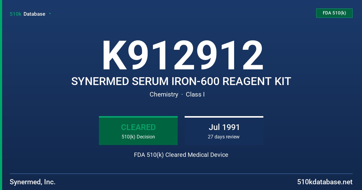K912912 SYNERMED SERUM IRON-600 REAGENT KIT FDA 510(k) Cleared Medical Device