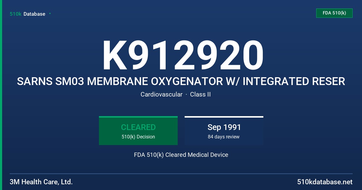 K912920 SARNS SM03 MEMBRANE OXYGENATOR W/ INTEGRATED RESER FDA 510(k) Cleared Medical Device