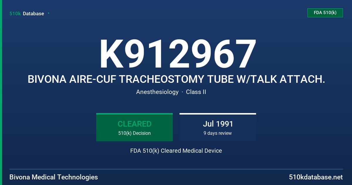 K912967 BIVONA AIRE-CUF TRACHEOSTOMY TUBE W/TALK ATTACH. FDA 510(k) Cleared Medical Device