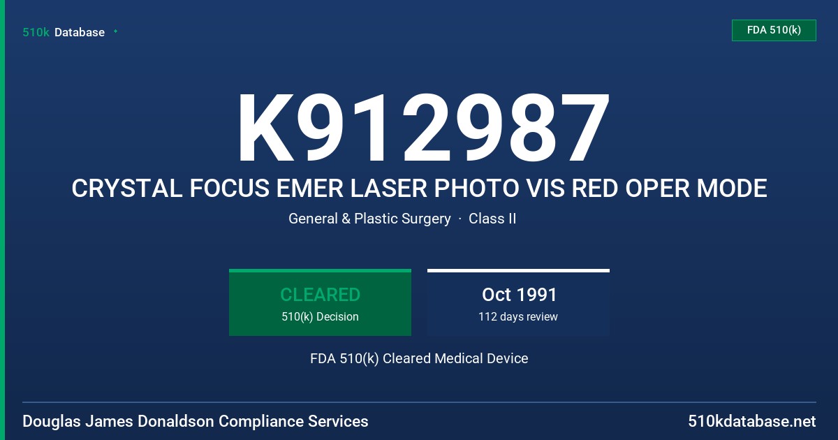 K912987 CRYSTAL FOCUS EMER LASER PHOTO VIS RED OPER MODE FDA 510(k) Cleared Medical Device