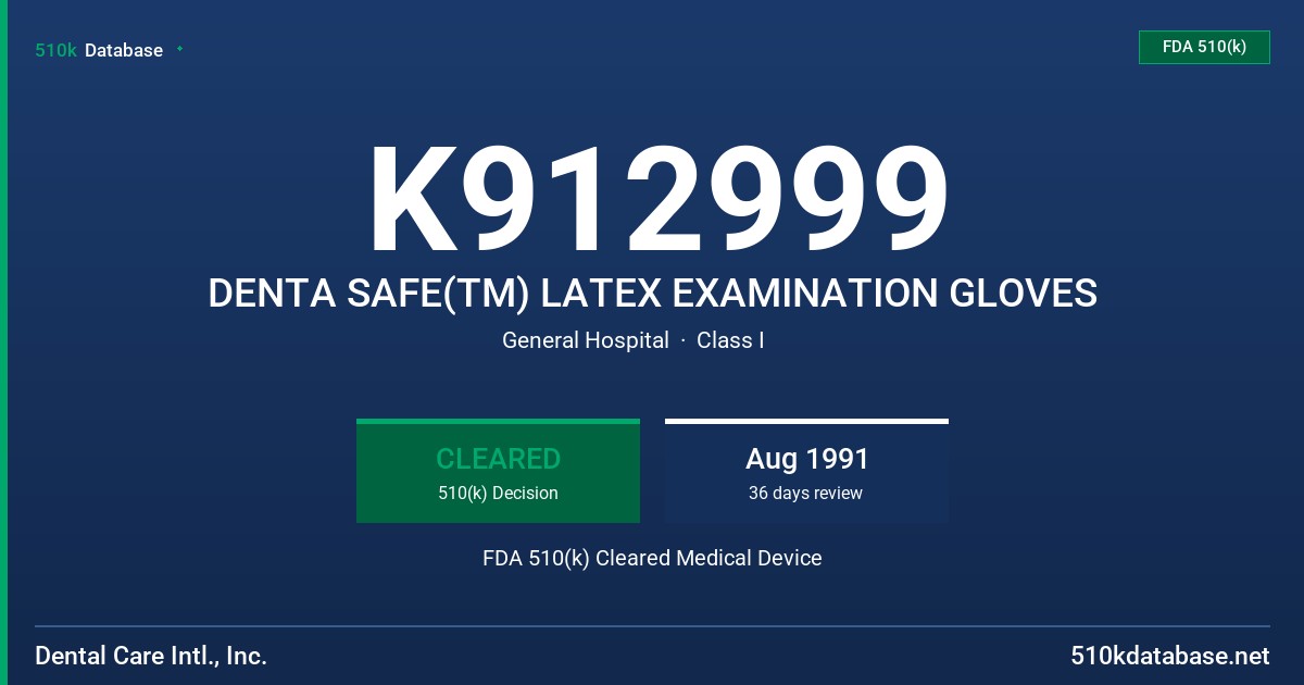 K912999 DENTA SAFE(TM) LATEX EXAMINATION GLOVES FDA 510(k) Cleared Medical Device
