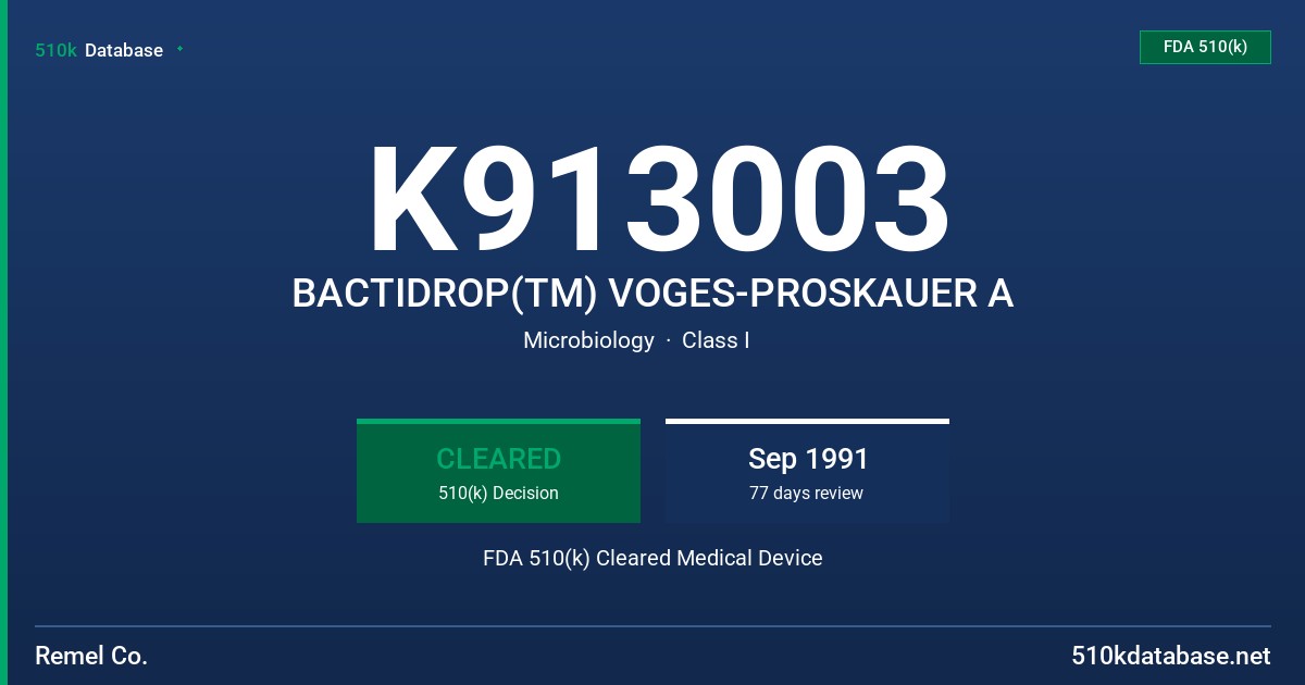 K913003 BACTIDROP(TM) VOGES-PROSKAUER A FDA 510(k) Cleared Medical Device