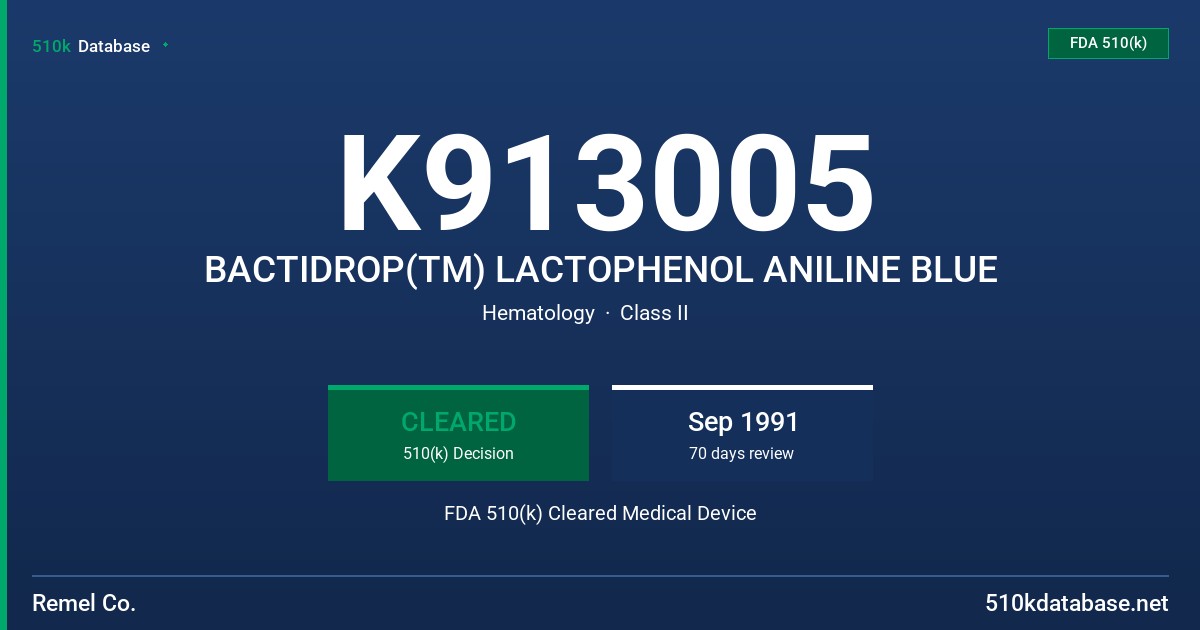 K913005 BACTIDROP(TM) LACTOPHENOL ANILINE BLUE FDA 510(k) Cleared Medical Device