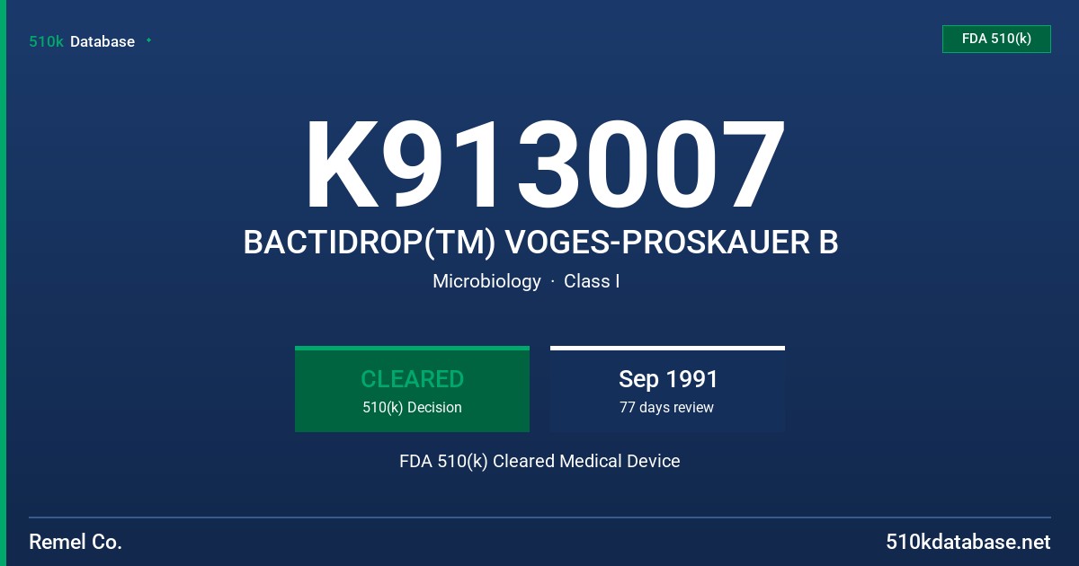 K913007 BACTIDROP(TM) VOGES-PROSKAUER B FDA 510(k) Cleared Medical Device