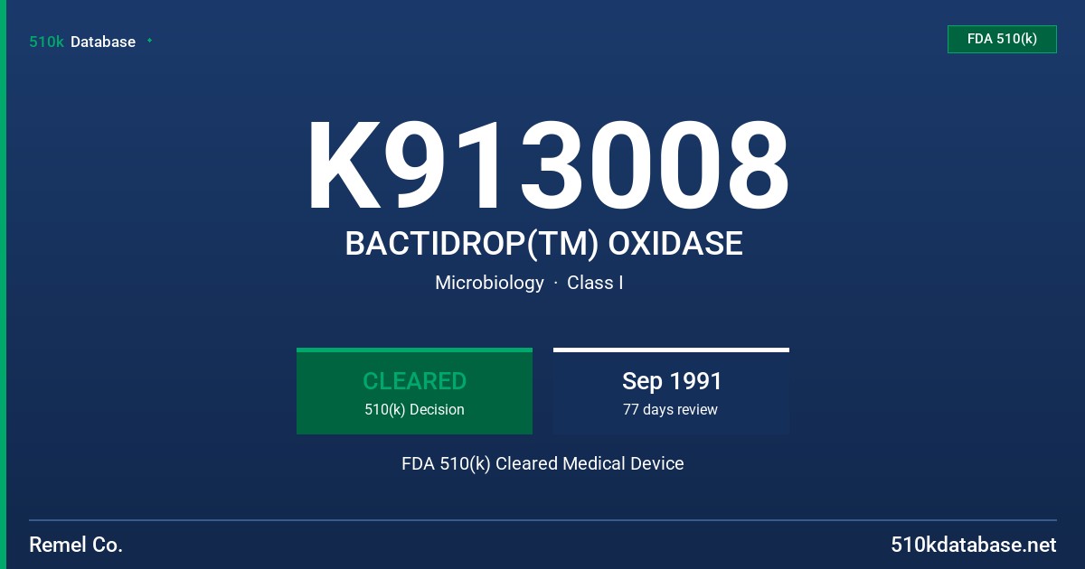 K913008 BACTIDROP(TM) OXIDASE FDA 510(k) Cleared Medical Device