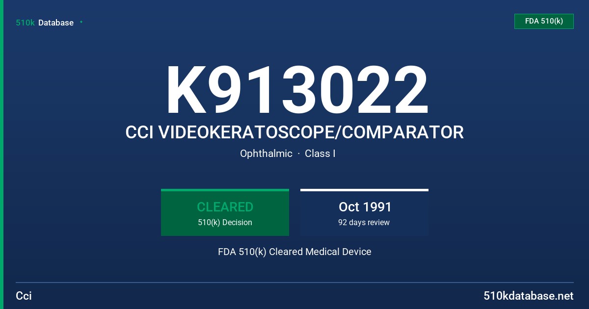 K913022 CCI VIDEOKERATOSCOPE/COMPARATOR FDA 510(k) Cleared Medical Device