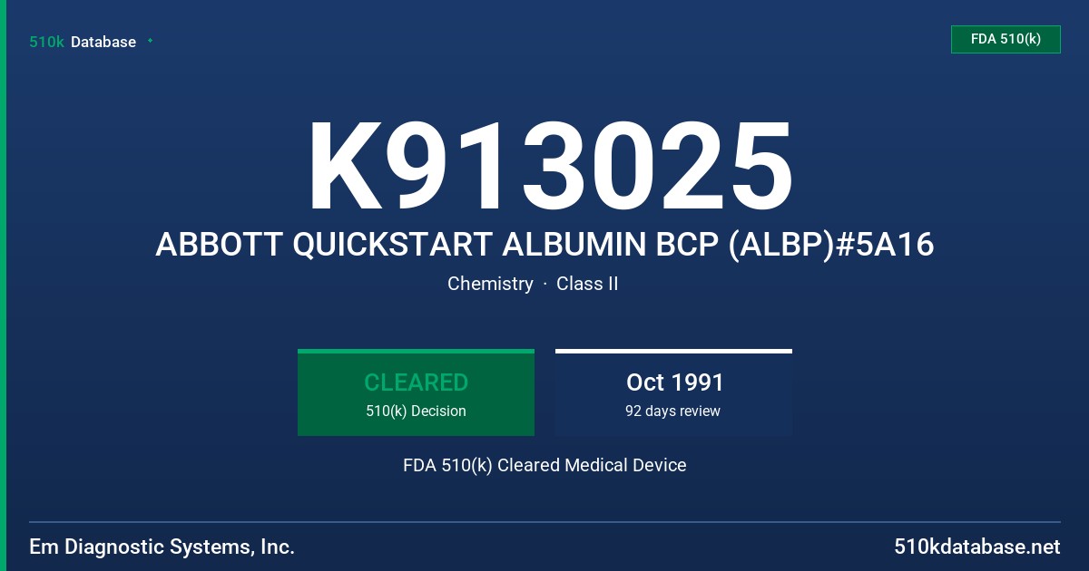 K913025 ABBOTT QUICKSTART ALBUMIN BCP (ALBP)#5A16 FDA 510(k) Cleared Medical Device