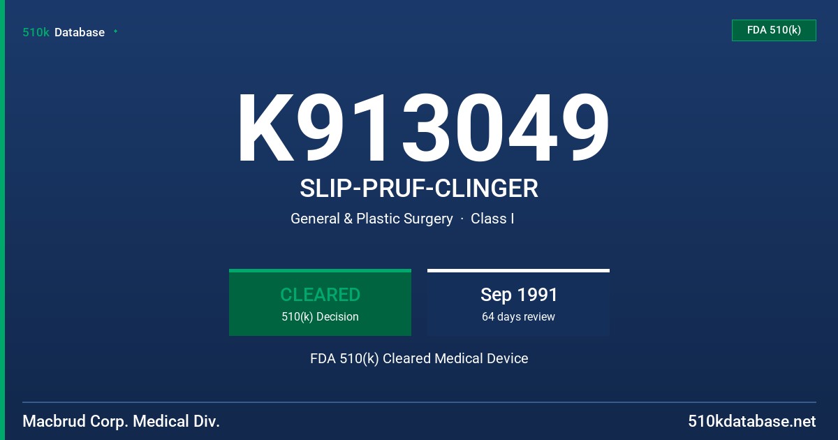 K913049 SLIP-PRUF-CLINGER FDA 510(k) Cleared Medical Device