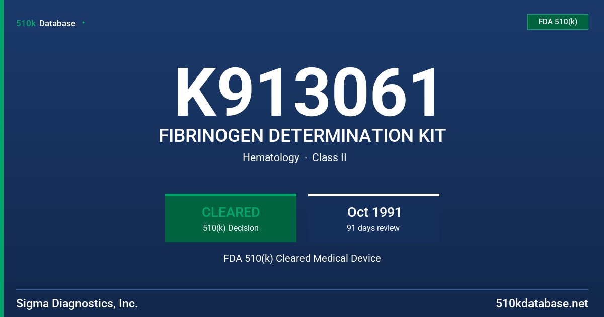 K913061 FIBRINOGEN DETERMINATION KIT FDA 510(k) Cleared Medical Device