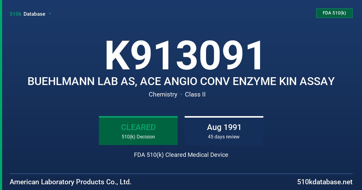 K913091 BUEHLMANN LAB AS, ACE ANGIO CONV ENZYME KIN ASSAY FDA 510(k) Cleared Medical Device