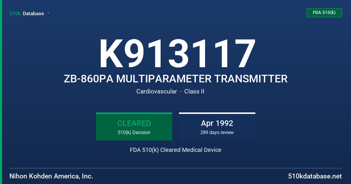 K913117 ZB-860PA MULTIPARAMETER TRANSMITTER FDA 510(k) Cleared Medical Device