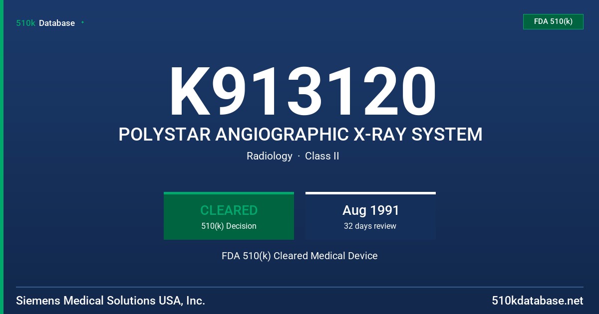 K913120 POLYSTAR ANGIOGRAPHIC X-RAY SYSTEM FDA 510(k) Cleared Medical Device