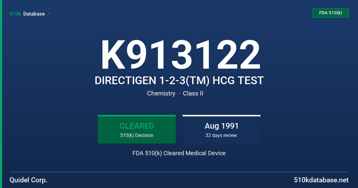 K913122 DIRECTIGEN 1-2-3(TM) HCG TEST FDA 510(k) Cleared Medical Device
