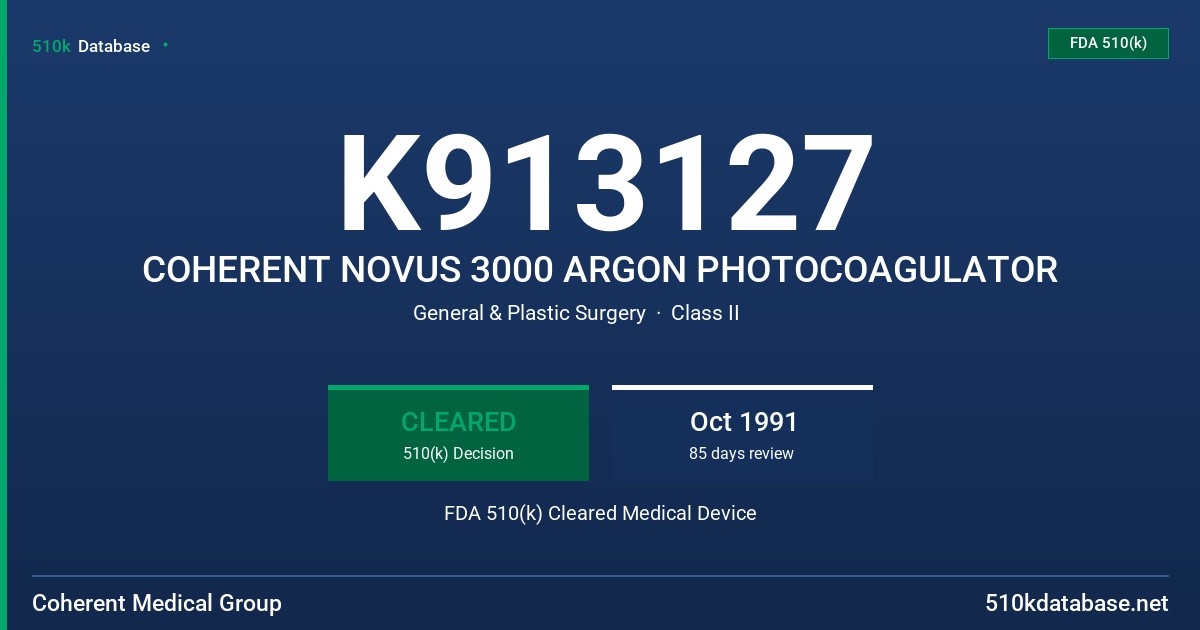 K913127 COHERENT NOVUS 3000 ARGON PHOTOCOAGULATOR FDA 510(k) Cleared Medical Device