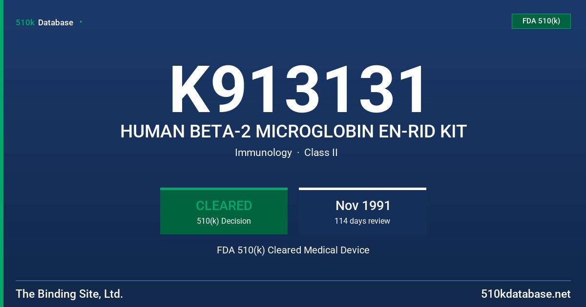 K913131 HUMAN BETA-2 MICROGLOBIN EN-RID KIT FDA 510(k) Cleared Medical Device