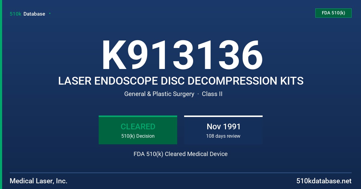 K913136 LASER ENDOSCOPE DISC DECOMPRESSION KITS FDA 510(k) Cleared Medical Device
