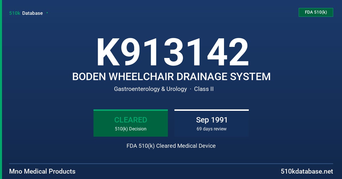 K913142 BODEN WHEELCHAIR DRAINAGE SYSTEM FDA 510(k) Cleared Medical Device