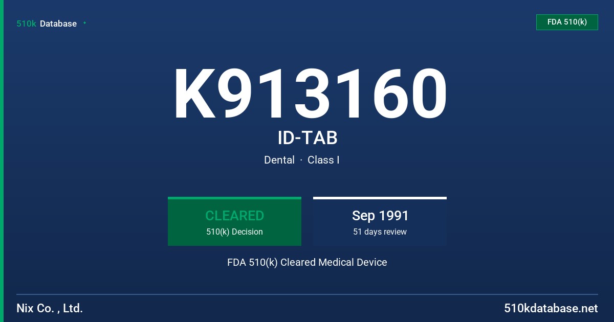 K913160 ID-TAB FDA 510(k) Cleared Medical Device