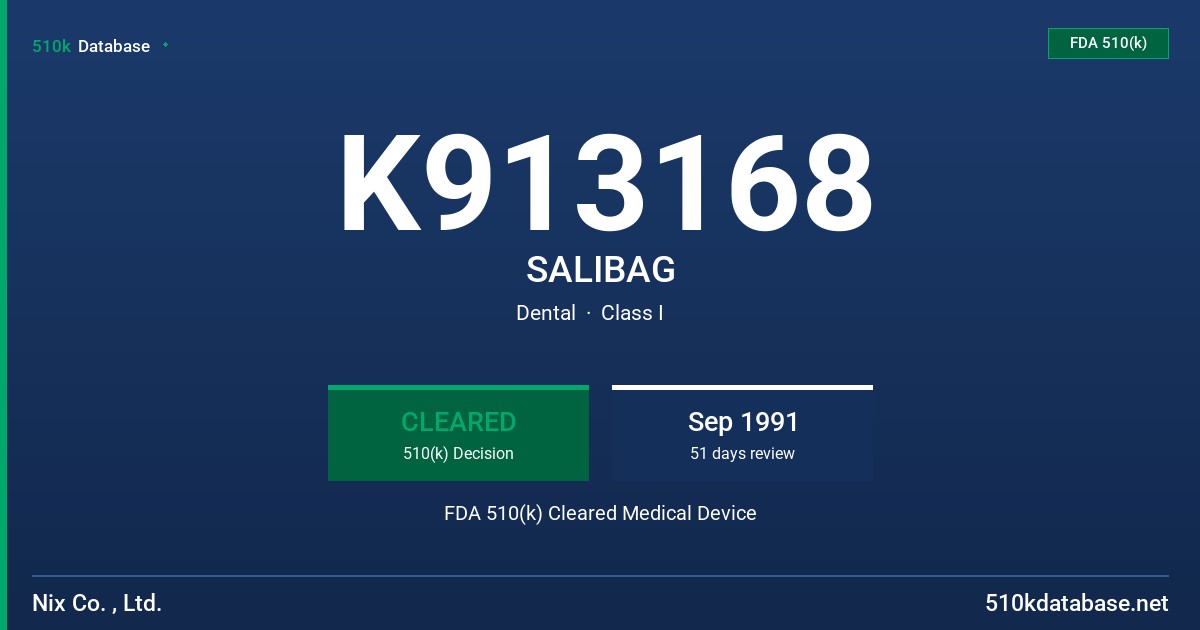 K913168 SALIBAG FDA 510(k) Cleared Medical Device