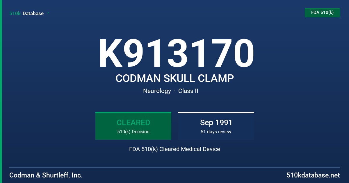 K913170 CODMAN SKULL CLAMP FDA 510(k) Cleared Medical Device