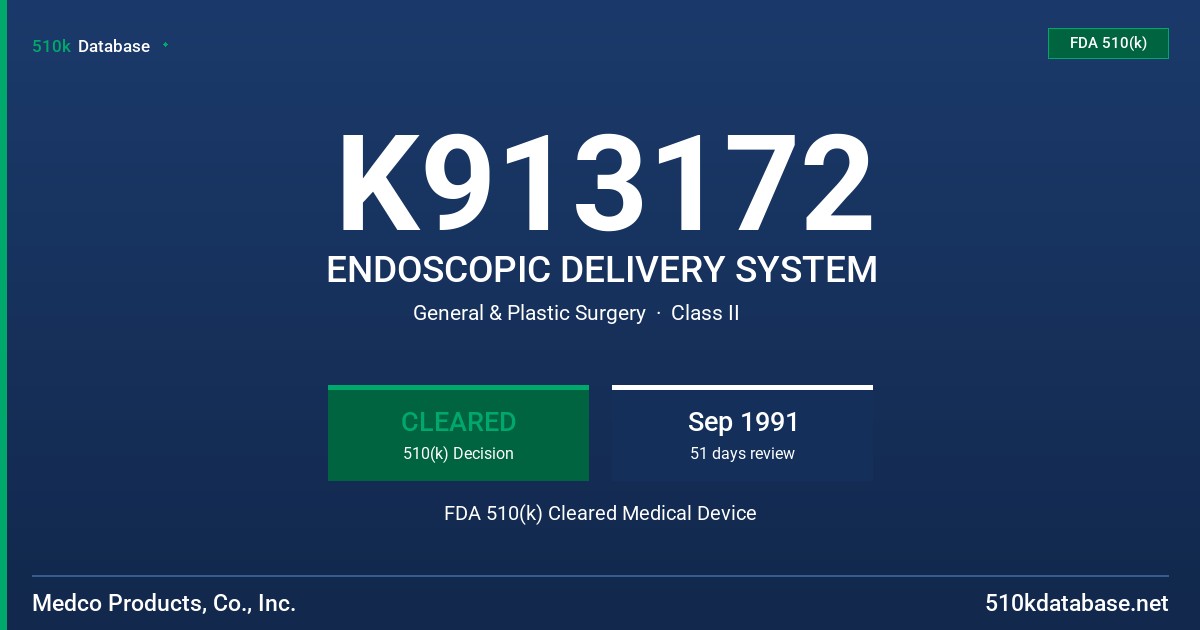 K913172 ENDOSCOPIC DELIVERY SYSTEM FDA 510(k) Cleared Medical Device