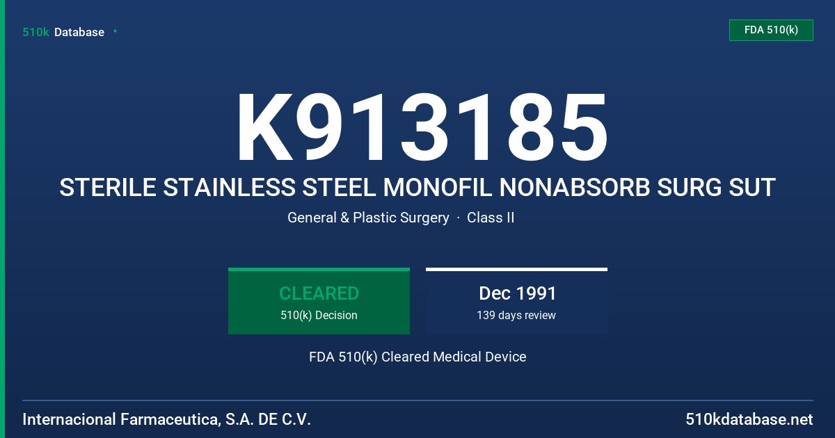 K913185 STERILE STAINLESS STEEL MONOFIL NONABSORB SURG SUT FDA 510(k) Cleared Medical Device