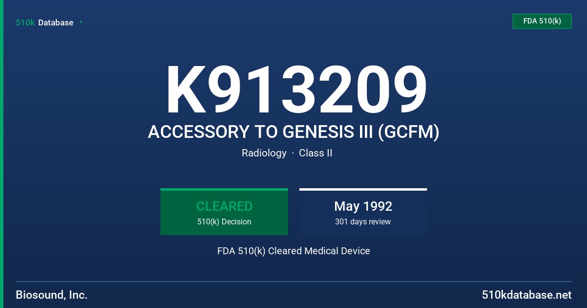 K913209 ACCESSORY TO GENESIS III (GCFM) FDA 510(k) Cleared Medical Device