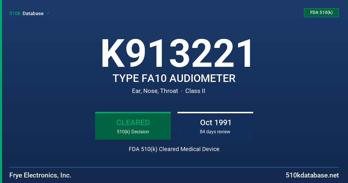 K913221 TYPE FA10 AUDIOMETER FDA 510(k) Cleared Medical Device