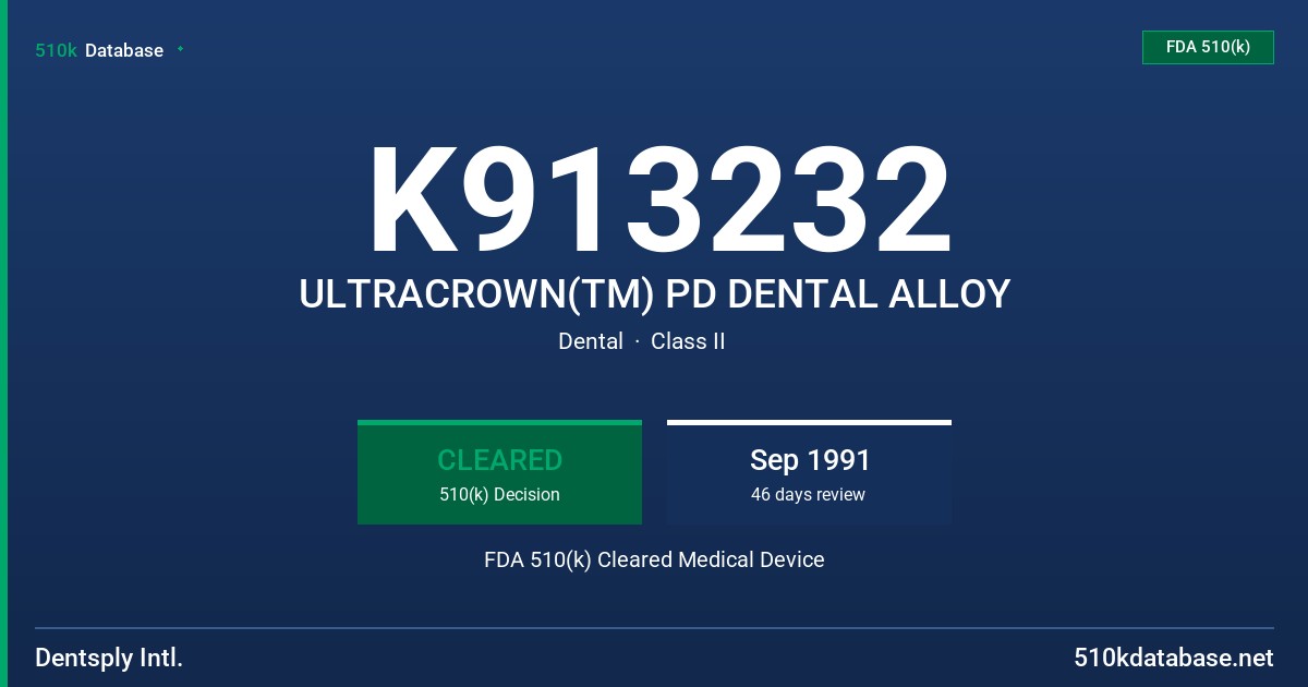 K913232 ULTRACROWN(TM) PD DENTAL ALLOY FDA 510(k) Cleared Medical Device