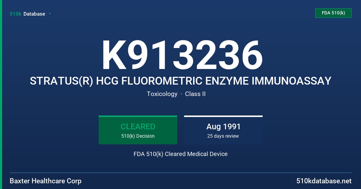 K913236 STRATUS(R) HCG FLUOROMETRIC ENZYME IMMUNOASSAY FDA 510(k) Cleared Medical Device