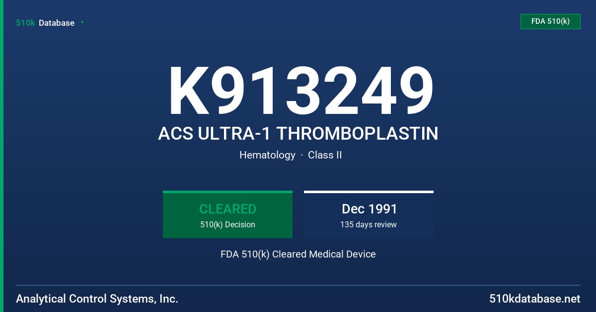 K913249 ACS ULTRA-1 THROMBOPLASTIN FDA 510(k) Cleared Medical Device