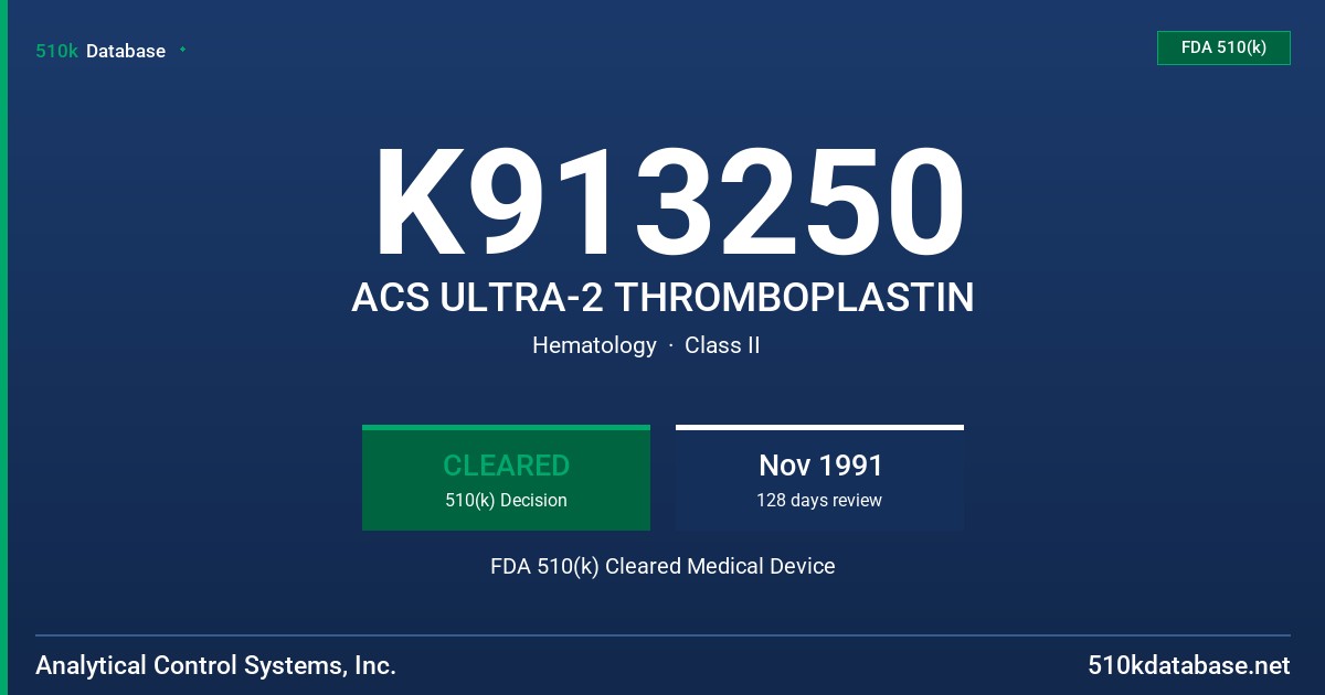 K913250 ACS ULTRA-2 THROMBOPLASTIN FDA 510(k) Cleared Medical Device