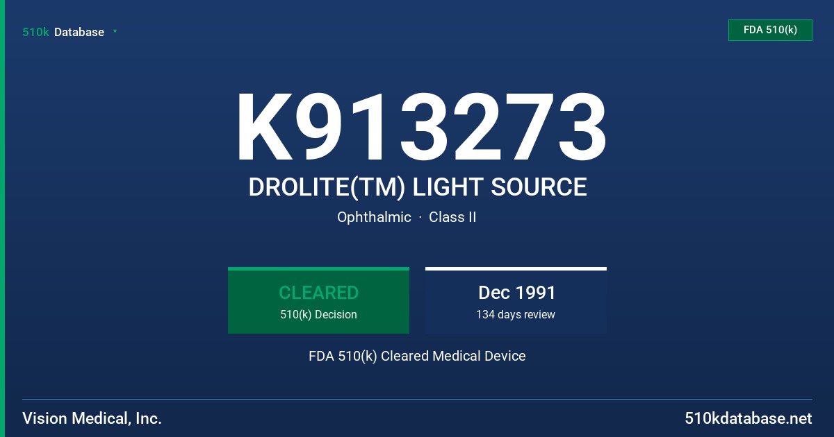 K913273 DROLITE(TM) LIGHT SOURCE FDA 510(k) Cleared Medical Device