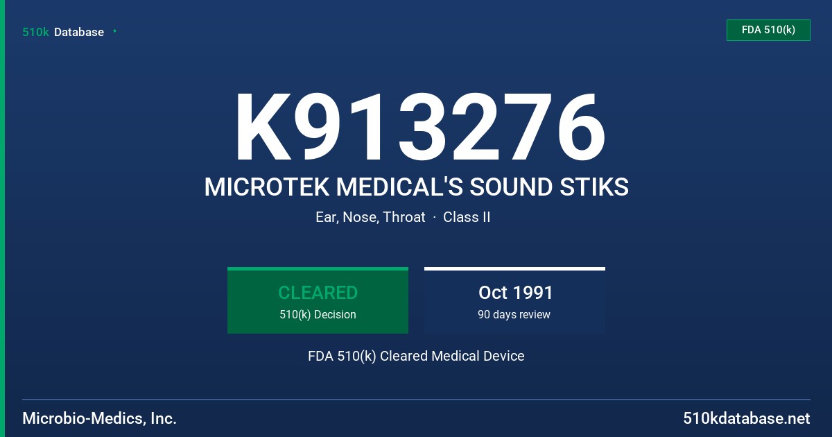 K913276 MICROTEK MEDICAL'S SOUND STIKS FDA 510(k) Cleared Medical Device