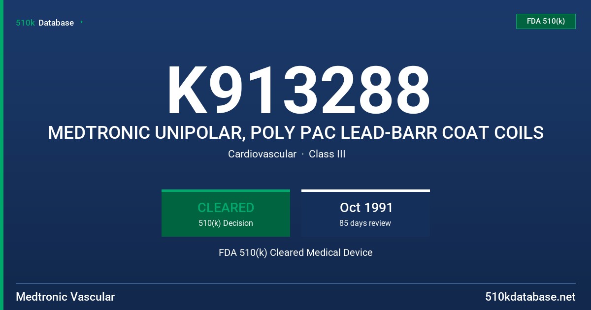 K913288 MEDTRONIC UNIPOLAR, POLY PAC LEAD-BARR COAT COILS FDA 510(k) Cleared Medical Device