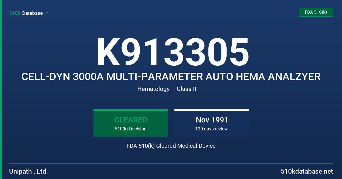 K913305 CELL-DYN 3000A MULTI-PARAMETER AUTO HEMA ANALZYER FDA 510(k) Cleared Medical Device