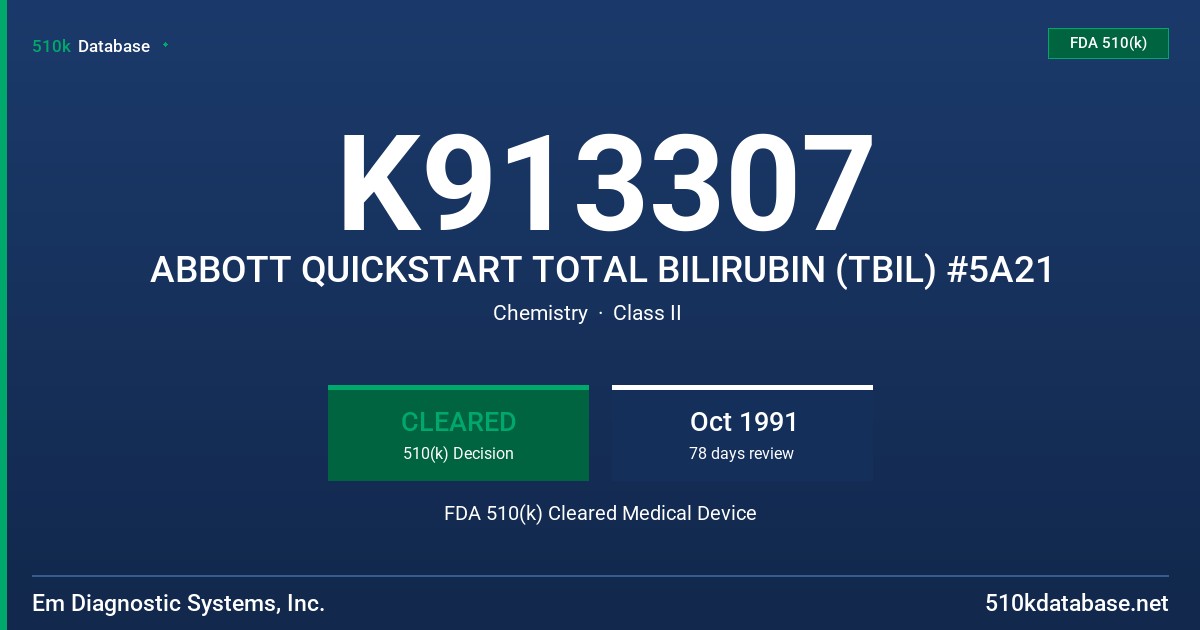 K913307 ABBOTT QUICKSTART TOTAL BILIRUBIN (TBIL) #5A21 FDA 510(k) Cleared Medical Device