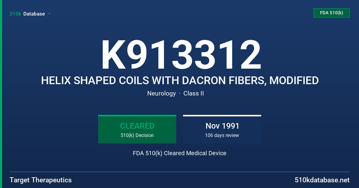K913312 HELIX SHAPED COILS WITH DACRON FIBERS, MODIFIED FDA 510(k) Cleared Medical Device