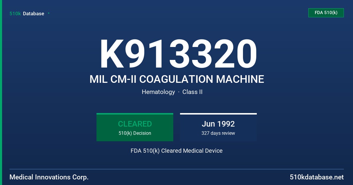 K913320 MIL CM-II COAGULATION MACHINE FDA 510(k) Cleared Medical Device