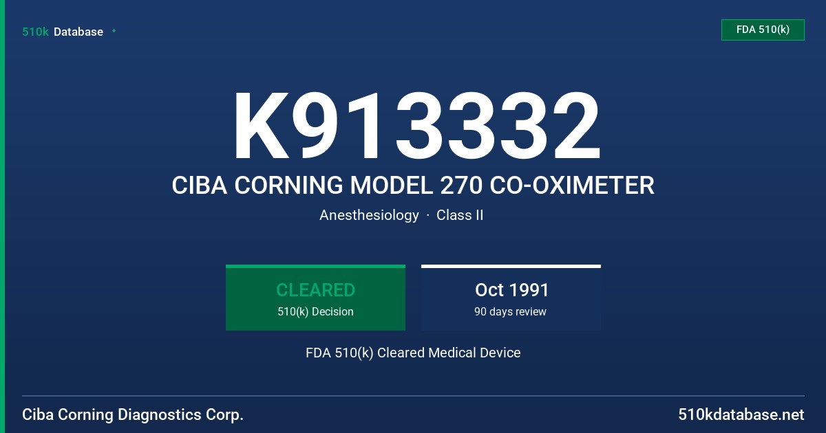 K913332 CIBA CORNING MODEL 270 CO-OXIMETER FDA 510(k) Cleared Medical Device